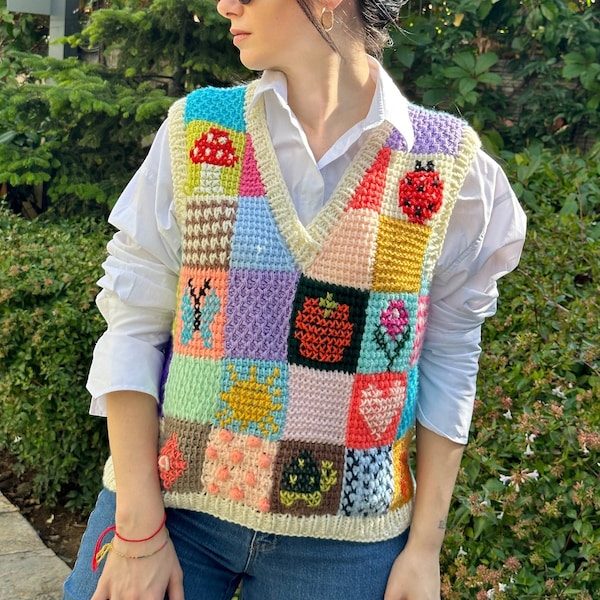 Pull tunisien coloré au crochet, gilet femme tricoté à la main, jersey multicolore au crochet, pull patchwork, cadeaux de Noël, cadeaux pour halloween