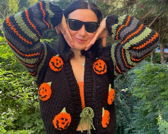 Black striped bolero Halloween cardigan for woman,personalized gifts,fall sweater with handmade embroidery pumpkins,Gift Ideas for Halloween