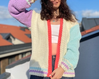 Oversized Patchwork Knit Cardigan: Colorful Wool Blend Sweater Jacket