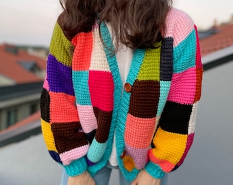 Harry Styles Knitted Cardigan,Square Oversized Crochet Sweater,Tunisian crochet jacket,unique, gift  for her knitted woman clothes