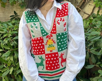 Pull de Noël coloré au crochet tunisien, gilet femme tricoté à la main, jersey multicolore au crochet, pull patchwork, cadeaux uniques pour Noël