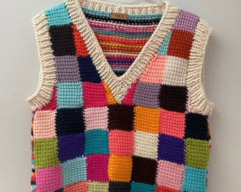 Colorful Sweater (Striped back), hand knit woman vest, crochet multicolor jersey, colorful patchwork pullover, graduation gifts for students