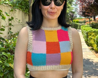 Crop top nature inspired motif handmade multicolor , Retro vest, Motif vest, Woman Tunisian Crochet patchwork Colorful Crop-top, rainbow top