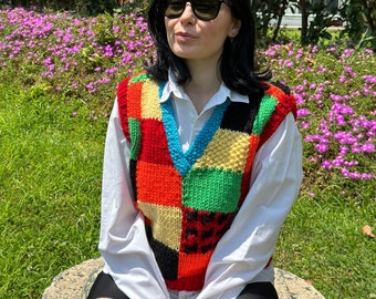 Harry Styles Inspired Cardigan, Colour Block Patchwork Vest, Hand Knit Vest, Multicolor Oversized Rainbow Cardigan, Harry Styles Sweater
