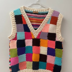 Colorful Sweater (Striped back), hand knit woman vest, crochet multicolor jersey, colorful patchwork pullover, graduation gifts for students