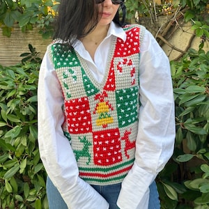 Tunisian crochet colorful christmas Sweater, hand knit woman vest, crochet multicolor jersey, patchwork pullover, unique gifts for christmas