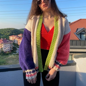 Colorful long sleeve cardigan, Multicolor handknit sweater, unique woman cozy clothing, back to school outfit woman knitted gifts image 1