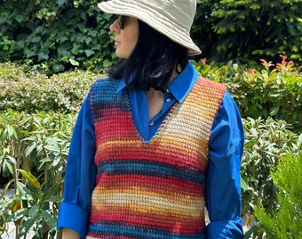 Striped Colorful Sweater, hand knit woman vest, crochet multicolor jersey, colorful patchwork pullover, graduation gifts for students