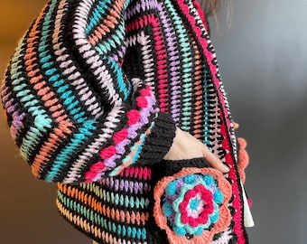 Chunky striped crochet cardigan, hand knit fashionable cozy unique sweater, rainbow flower jacket,boho flower cardigan