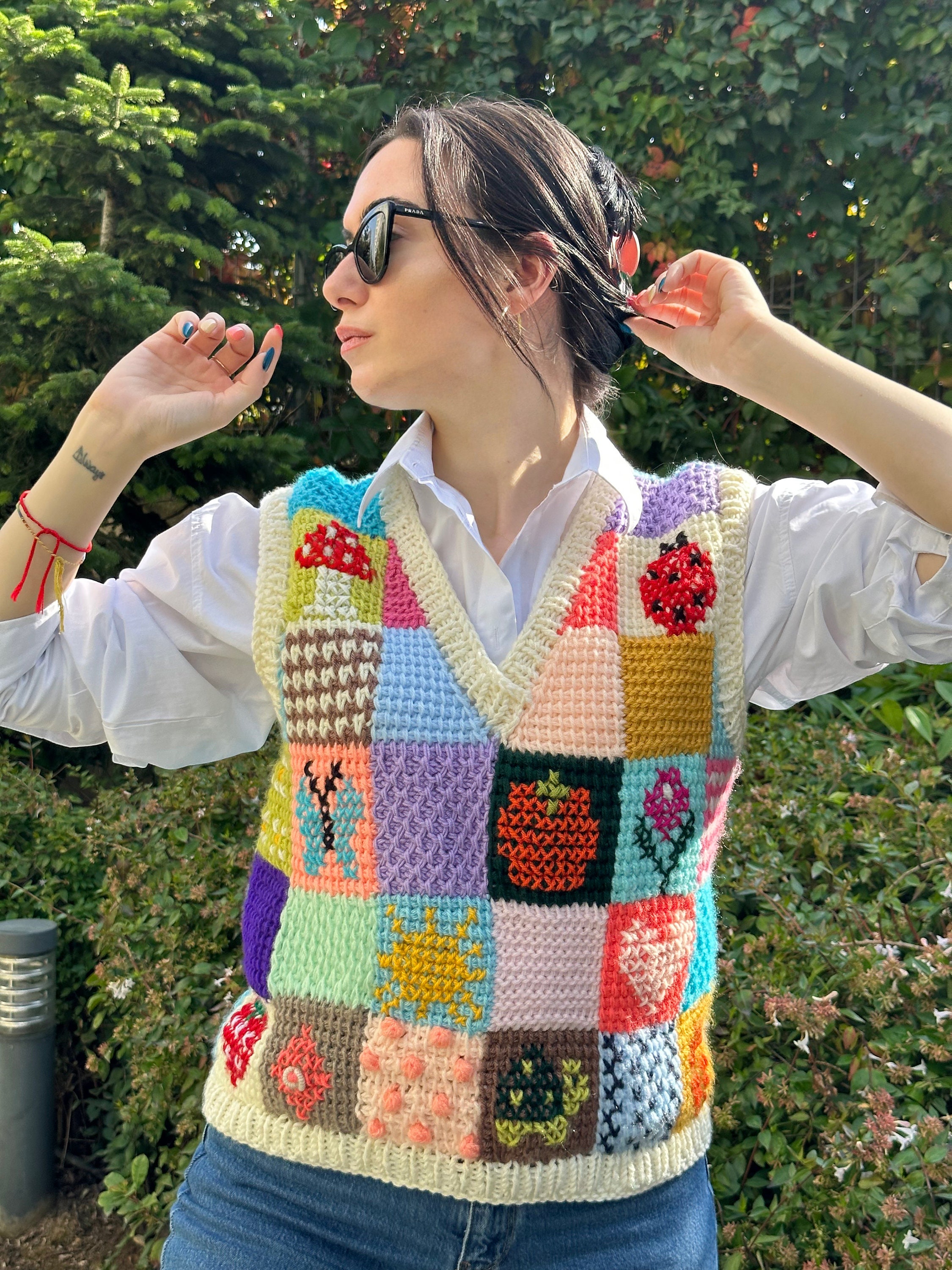 Tunisian Crochet Colorful Sweater, Hand Knit Woman Vest