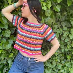 Colorful Blouse, striped knit blouse for women, chunky cozy trendy woman blouse, rainbow knitting, woman style, pastel and bright blouses image 2