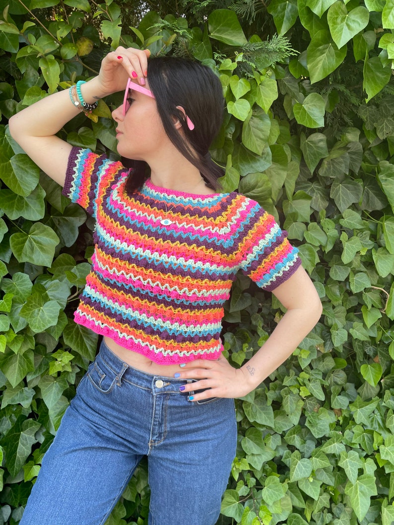 Colorful Blouse, striped knit blouse for women, chunky cozy trendy woman blouse, rainbow knitting, woman style, pastel and bright blouses image 2