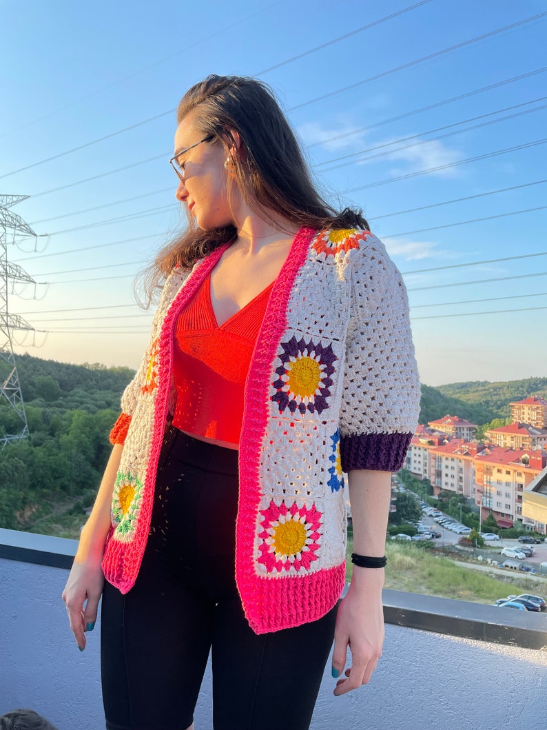 Gift for her,Crochet Summer Colorful Cardigan, Woman Cardigan, Multicolor Patchwork Cardigan, Hand Knit Sweater, Knitted Rainbow Sweater zdjęcie 2