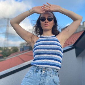 Crop-Top Cute, Striped, Blue and White for Women, Hand Knit, Halter Neckline image 4