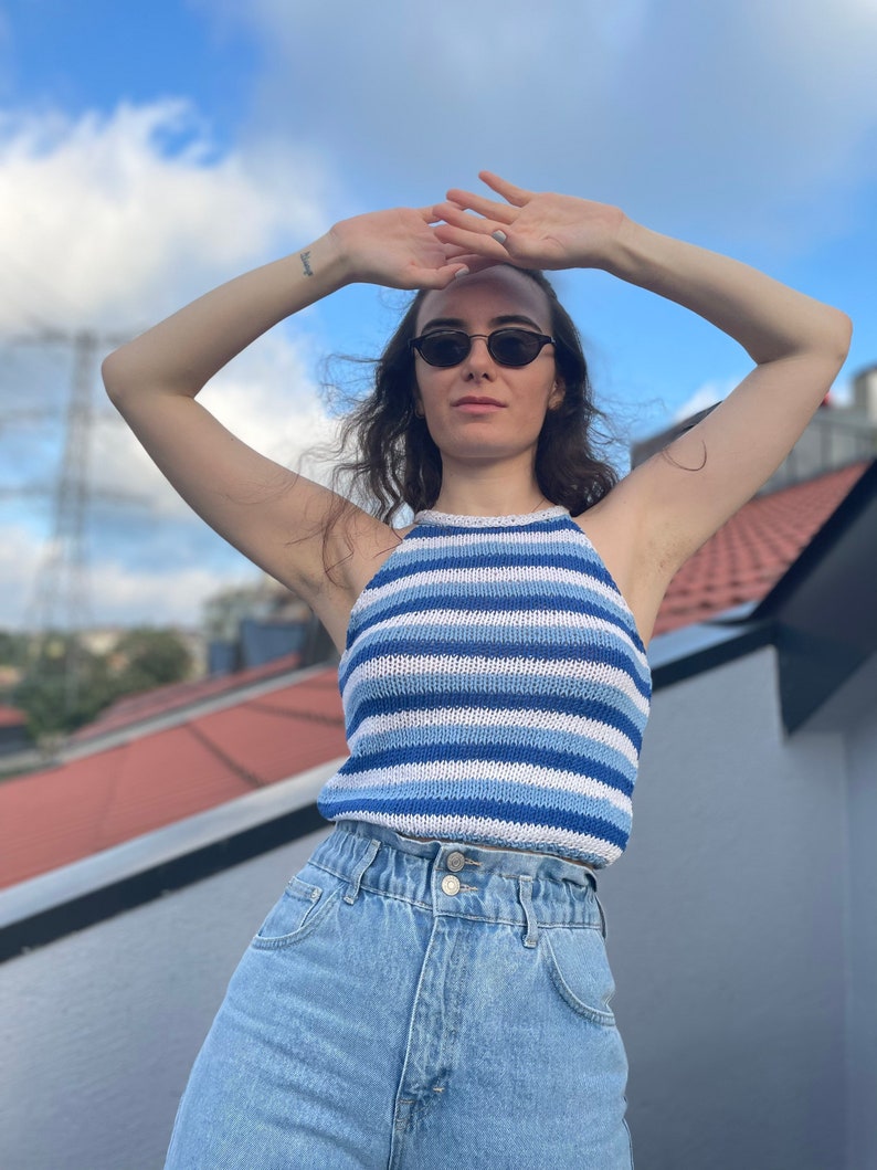 Crop-Top Cute, Striped, Blue and White for Women, Hand Knit, Halter Neckline image 4