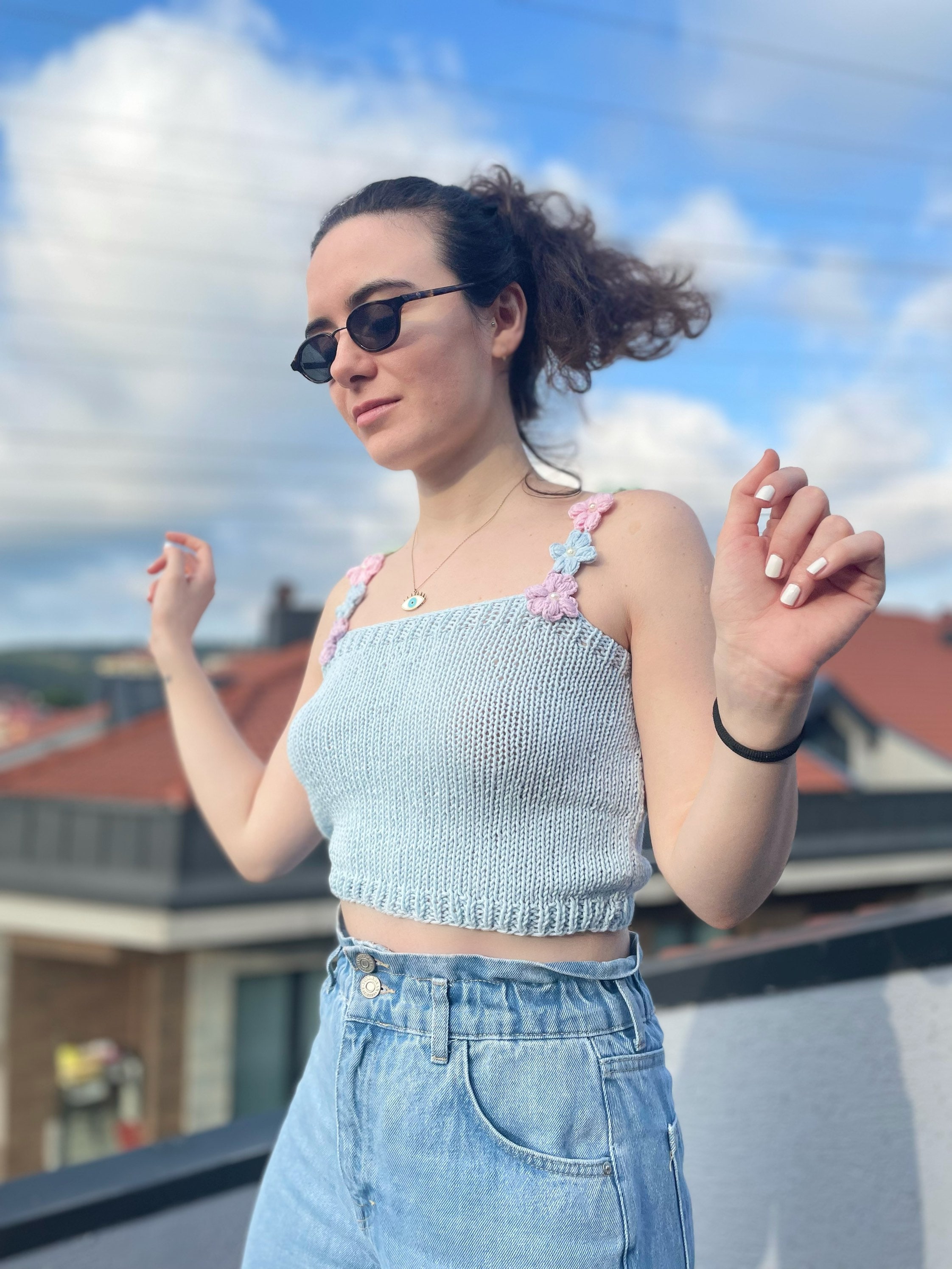 Hand Knit Baby Blue Crop Top: Flower Strap Detail - Etsy