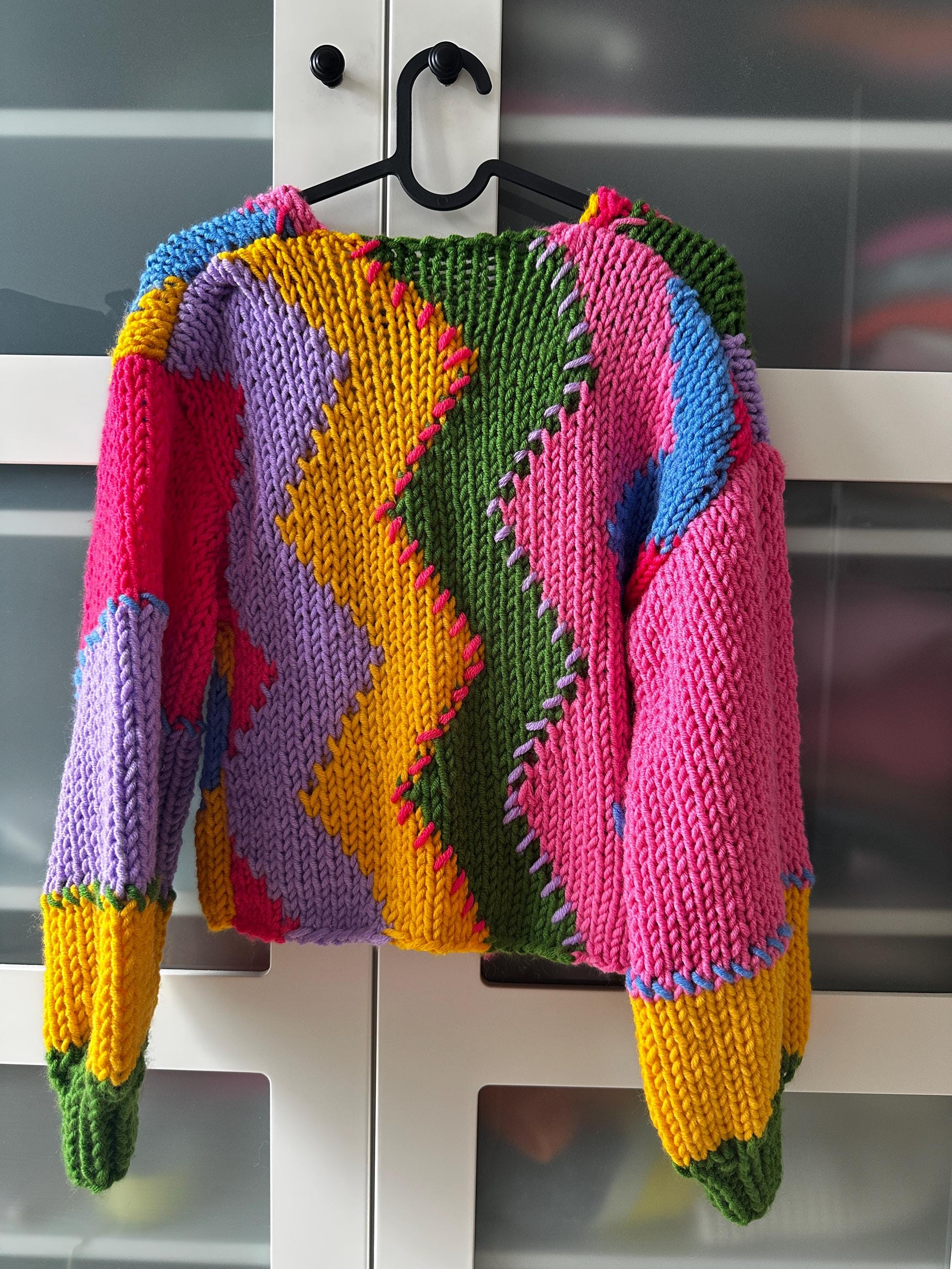 Handmade Color Block Chunky Knit Cardigan | Colorful Patchwork Sweater ...