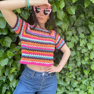 Colorful Blouse, striped knit blouse for women, chunky cozy trendy woman blouse, rainbow knitting, woman style, pastel and bright blouses image 5