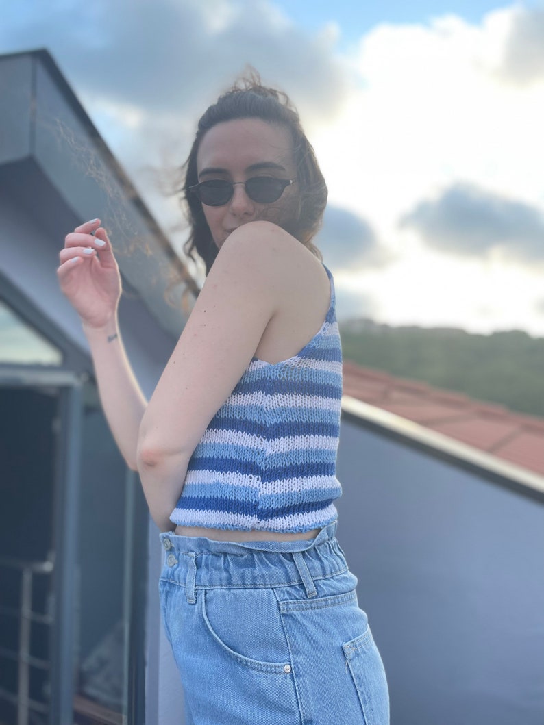 Crop-Top Cute, Striped, Blue and White for Women, Hand Knit, Halter Neckline image 3