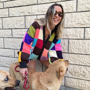 patchwork colorful Knitted Cardigan,Square Oversized Crochet Sweater,Tunisian crochet jacket,unique,gift for her knitted woman clothes