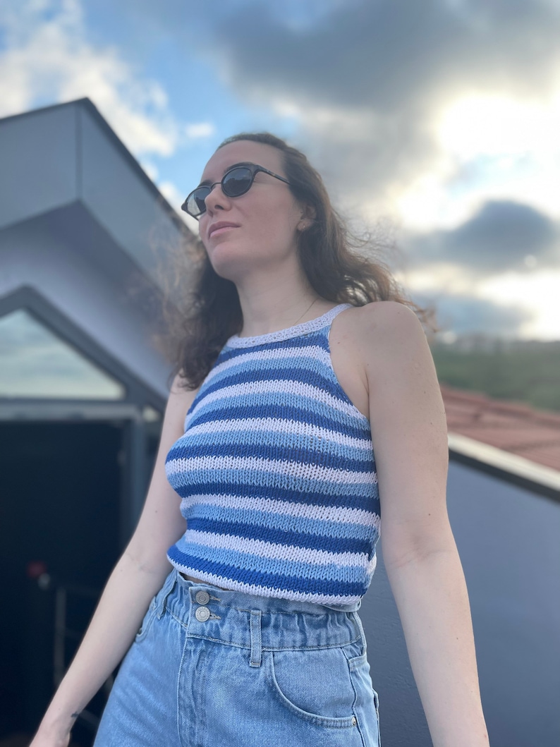 Crop-Top Cute, Striped, Blue and White for Women, Hand Knit, Halter Neckline image 5