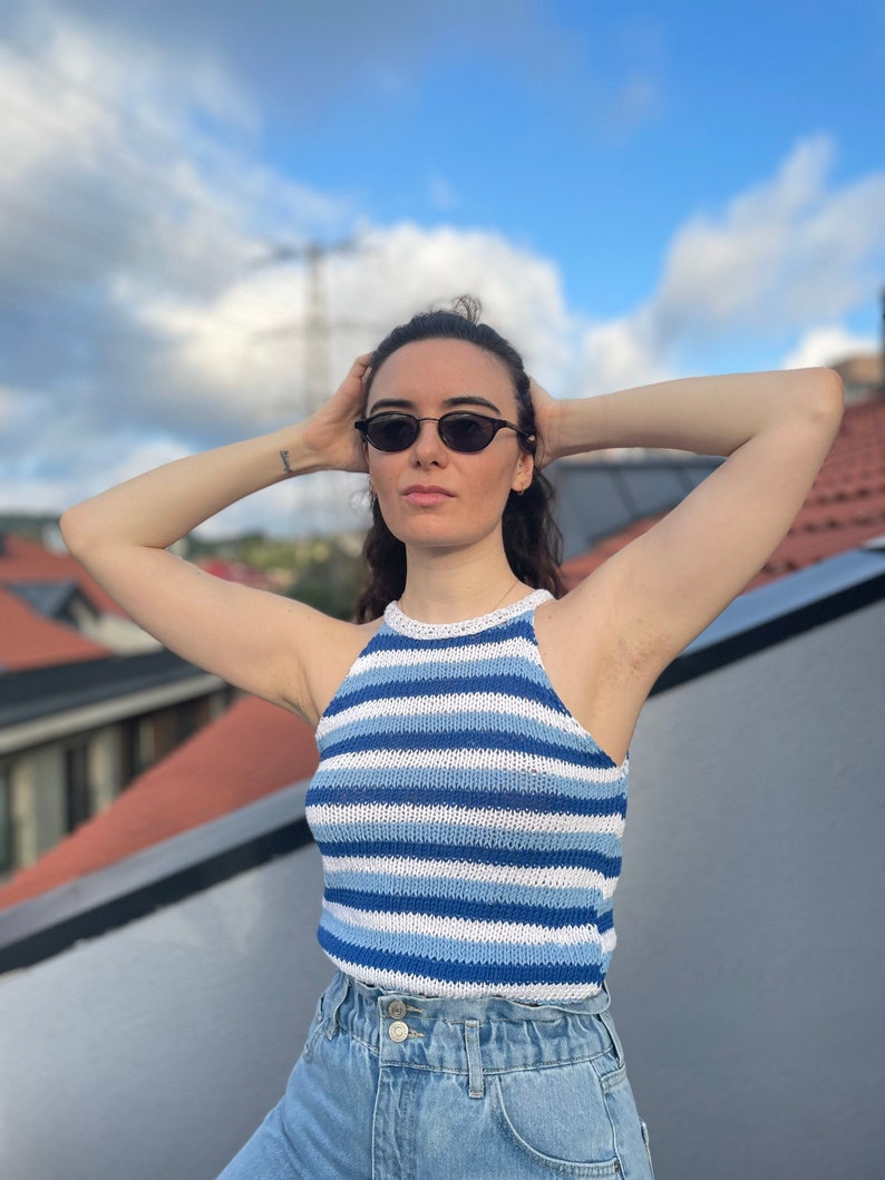 Crop-Top Cute, Striped, Blue and White for Women, Hand Knit, Halter Neckline image 1