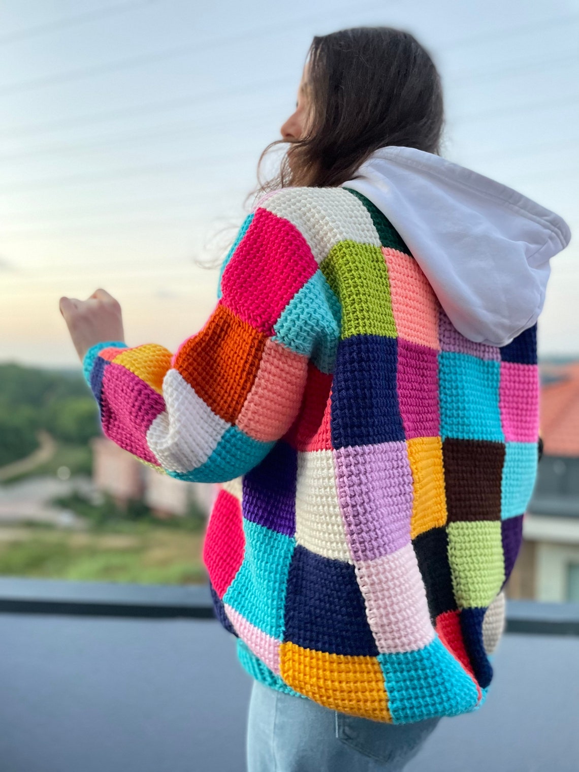 Tunisian Crochet Oversize Cardigan Multicolor Patchwork Etsy