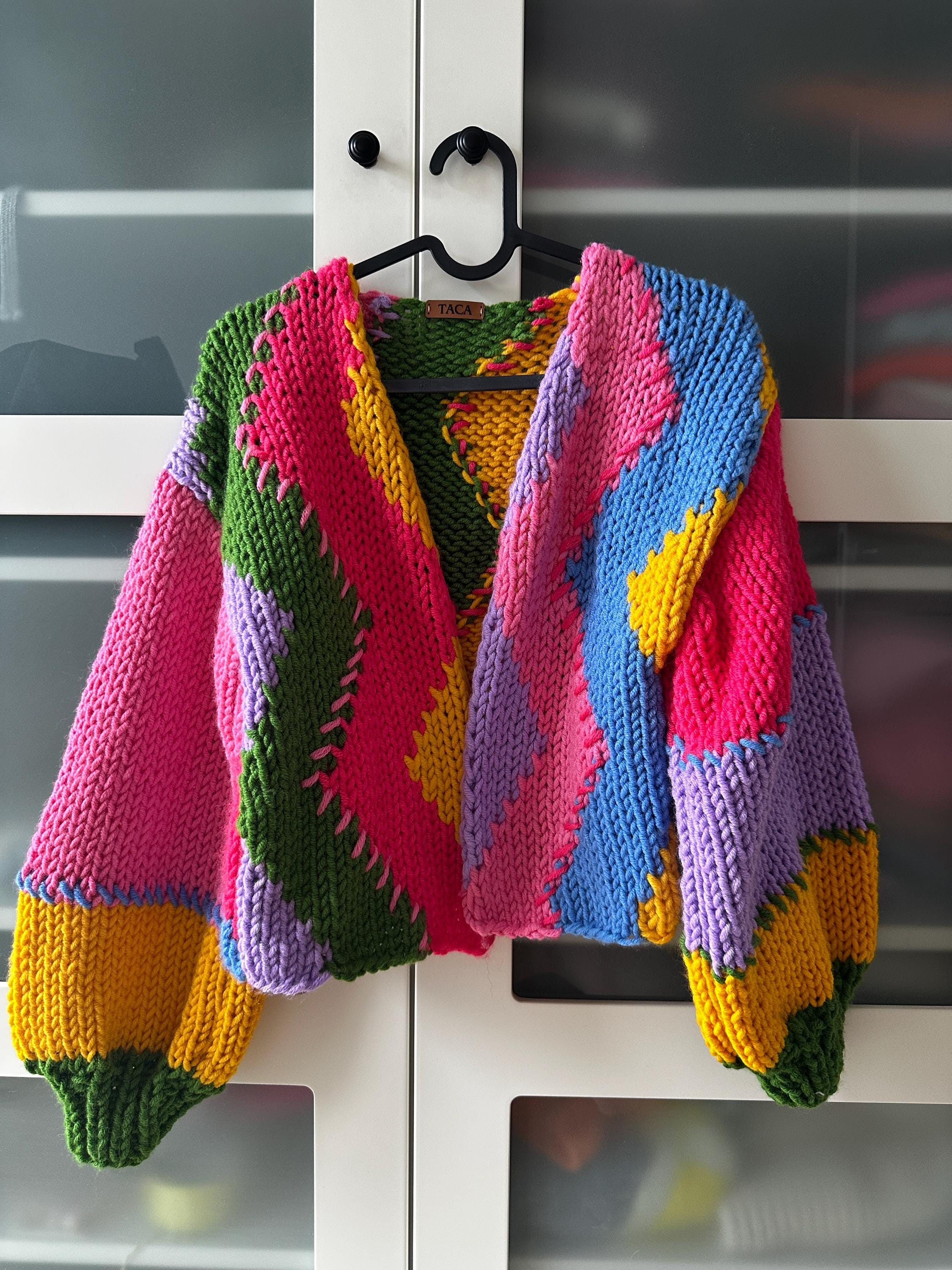 Chunky Knit Cardigan: Colorful Zigzag Design,handmade Cozy