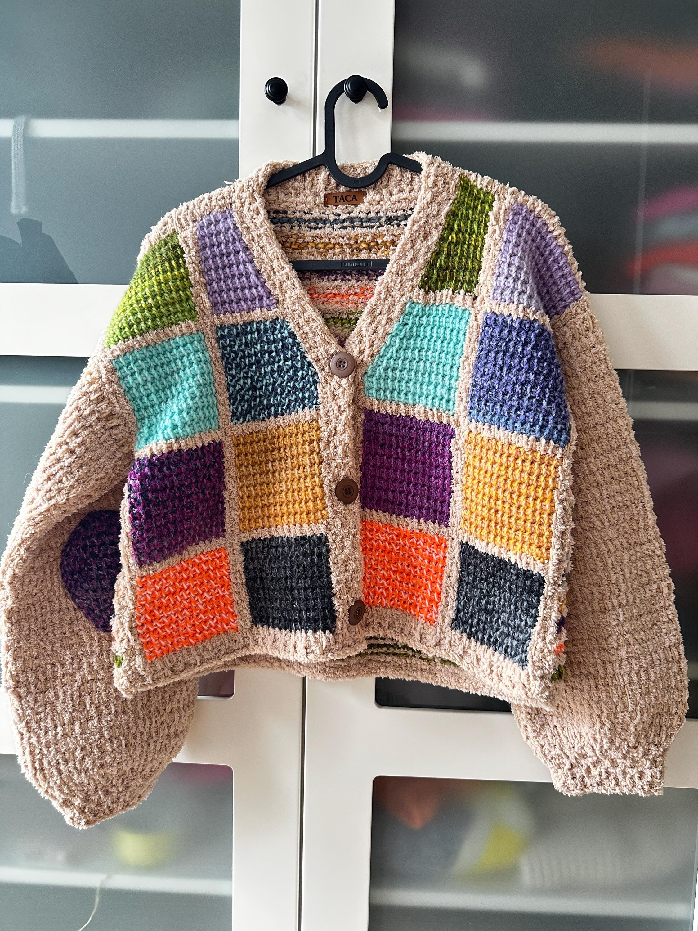 Patchwork Knitted Chunky Cardigan: Square Crochet Sweater - Etsy