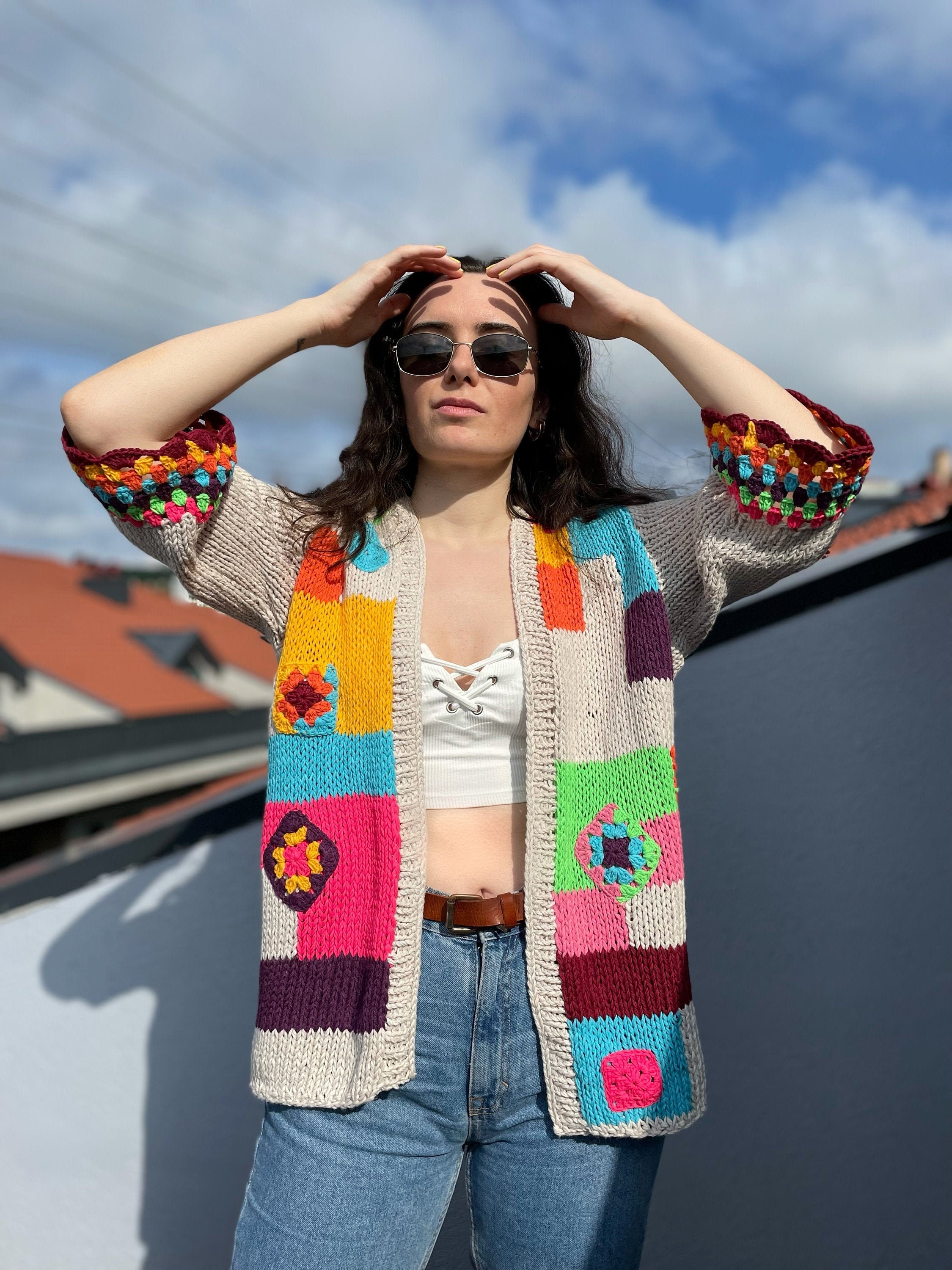 Tacadesign Knitting Summer Colorful Boho Cardigan, Multicolor Hippie Cardigan, Handknit Sweater, Knitted Rainbow Sweater,Woman Clothing, Fall Fashion