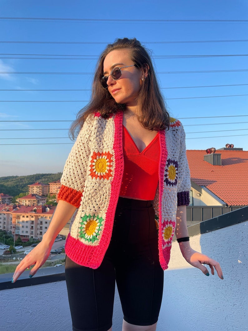 Gift for her,Crochet Summer Colorful Cardigan, Woman Cardigan, Multicolor Patchwork Cardigan, Hand Knit Sweater, Knitted Rainbow Sweater zdjęcie 1