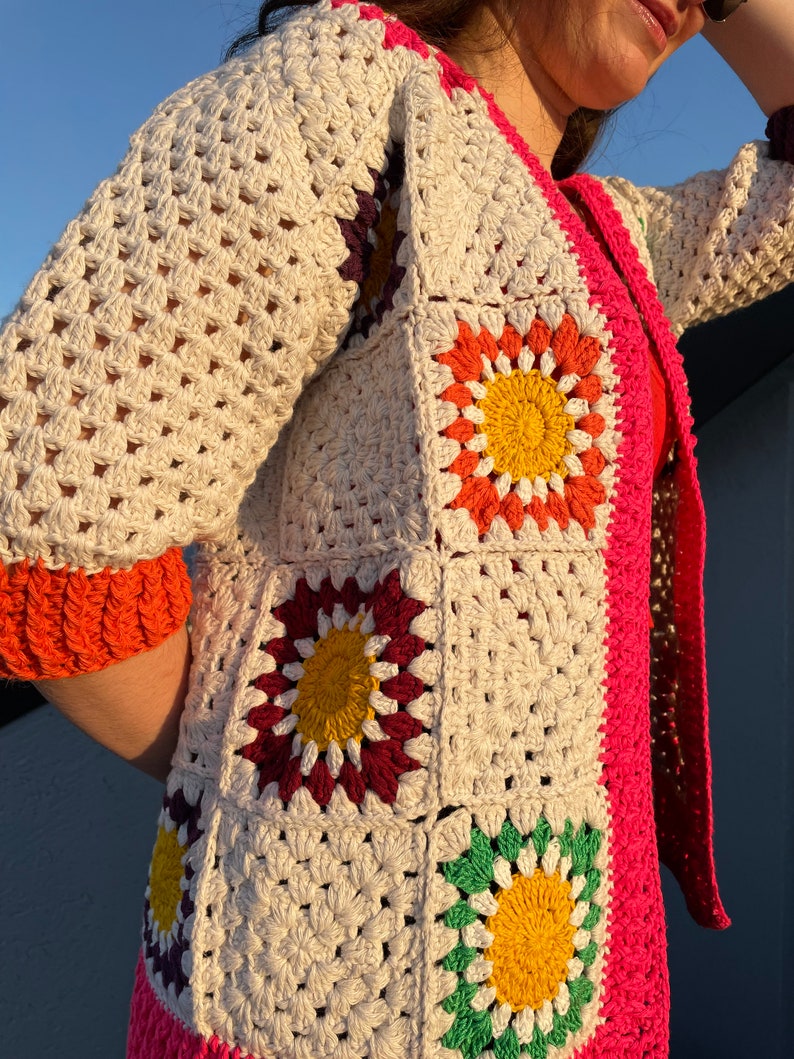 Gift for her,Crochet Summer Colorful Cardigan, Woman Cardigan, Multicolor Patchwork Cardigan, Hand Knit Sweater, Knitted Rainbow Sweater zdjęcie 3