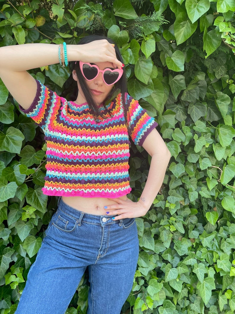 Colorful Blouse, striped knit blouse for women, chunky cozy trendy woman blouse, rainbow knitting, woman style, pastel and bright blouses image 1