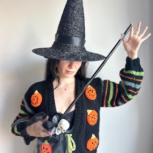 Black striped bolero Halloween cardigan for woman,personalized gifts,fall sweater with handmade embroidery pumpkins,Gift Ideas for Halloween