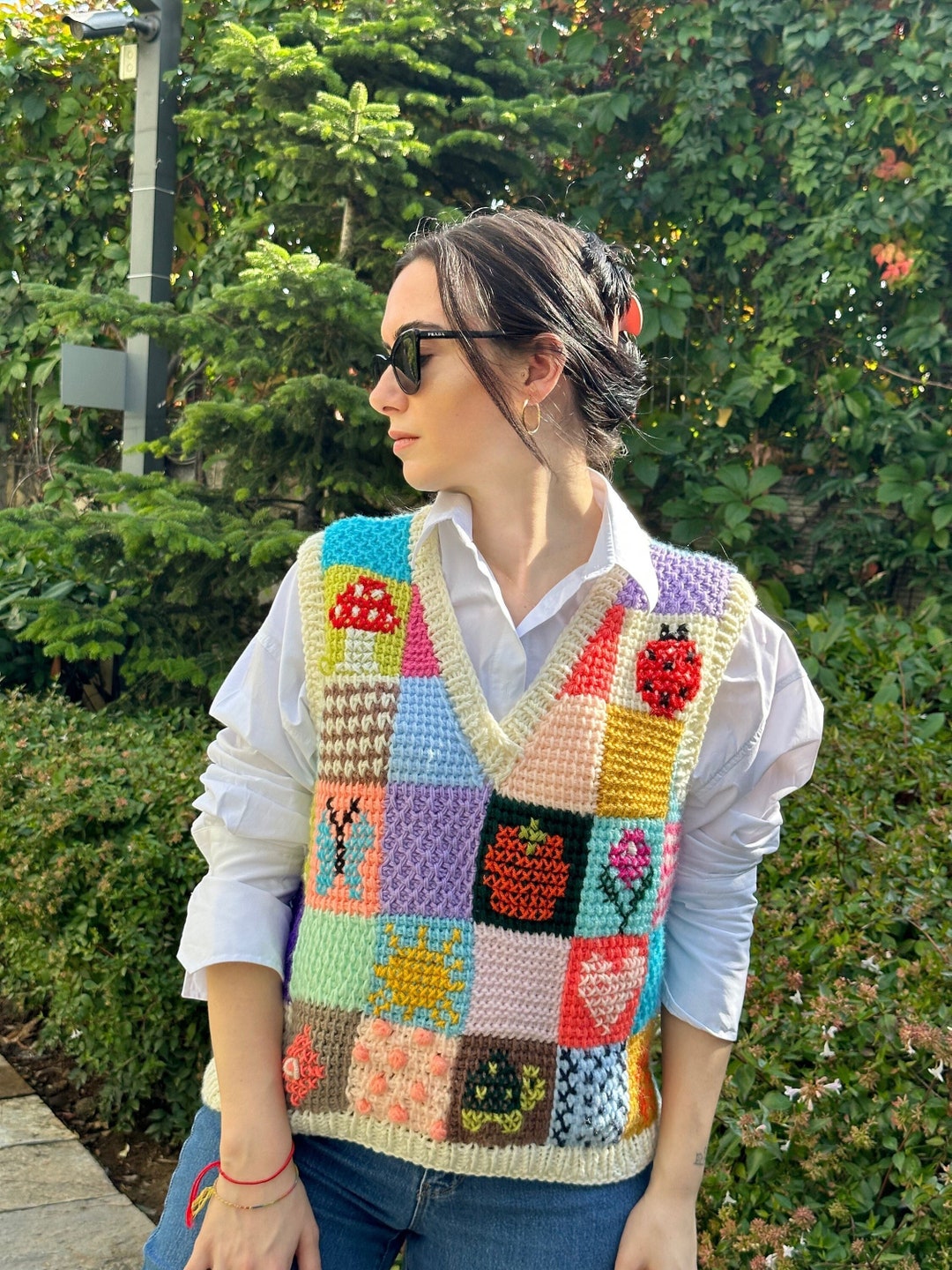 Tunisian Crochet Colorful Sweater, Hand Knit Woman Vest