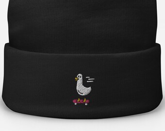 Duck Skateboarding Meme Embroidered Beanie