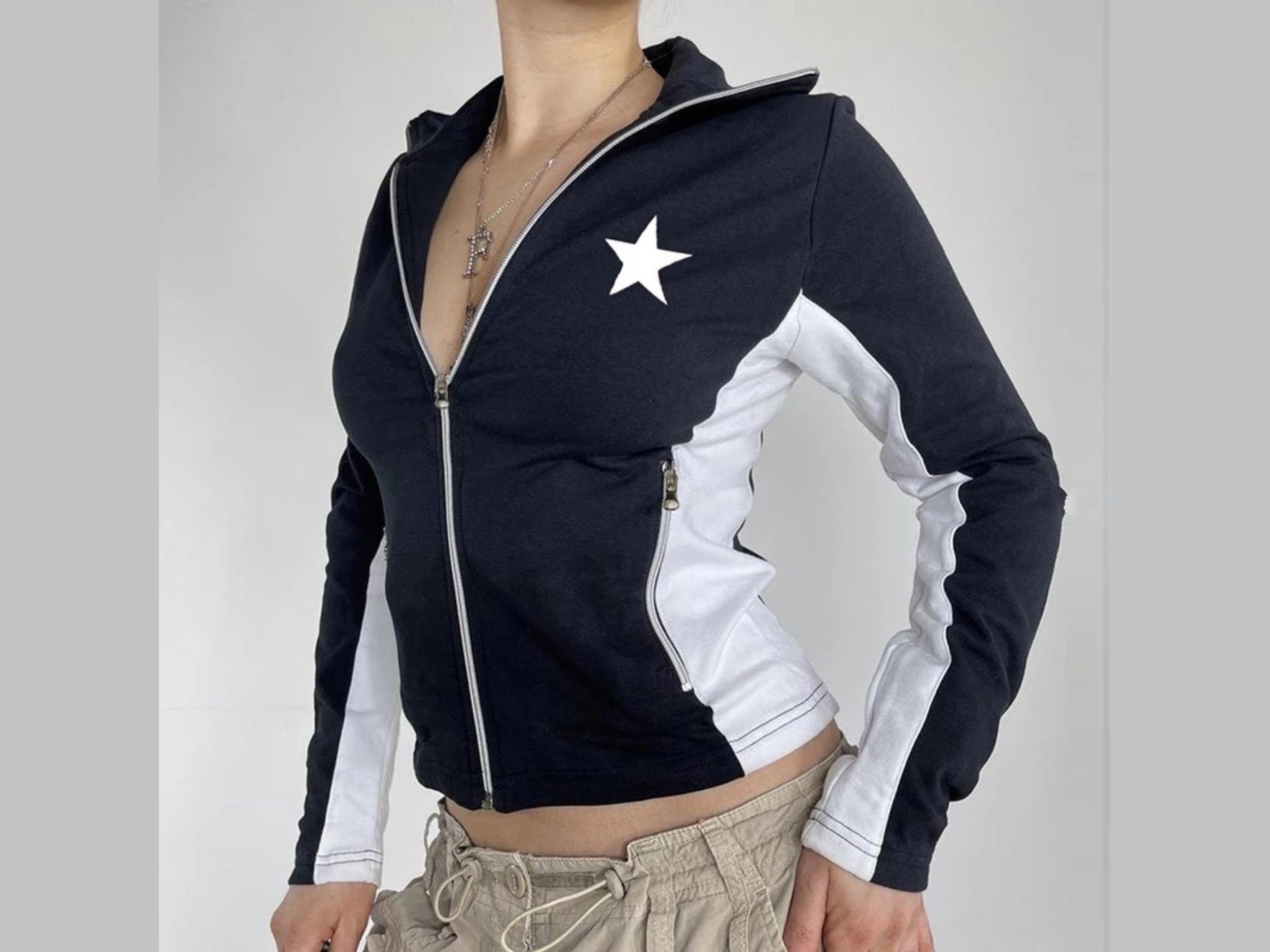 Y2K Hoodie Women Grunge Stars Zip Up Sweatshirt Acubi Emo