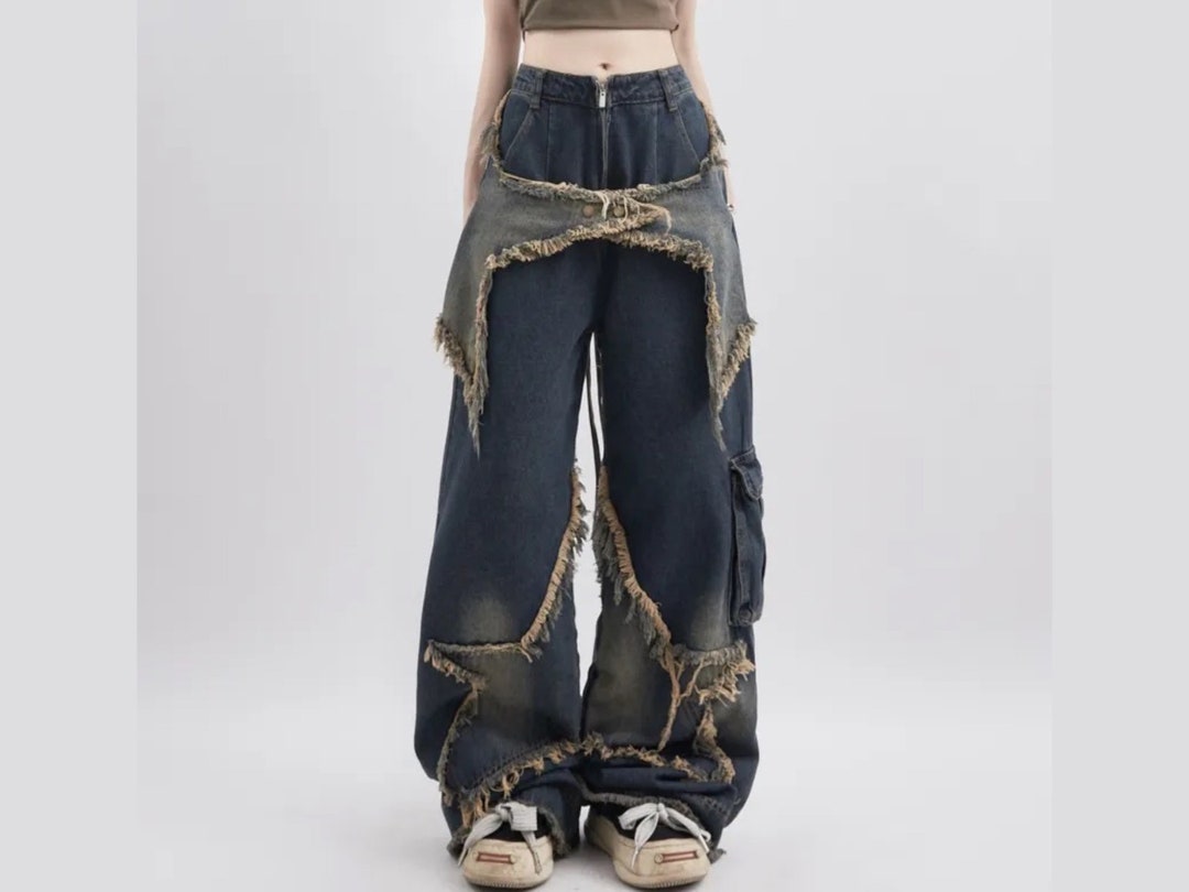 Y2k Old Washed Loose Straight Jeans / High Waist Fringed Wide - Etsy