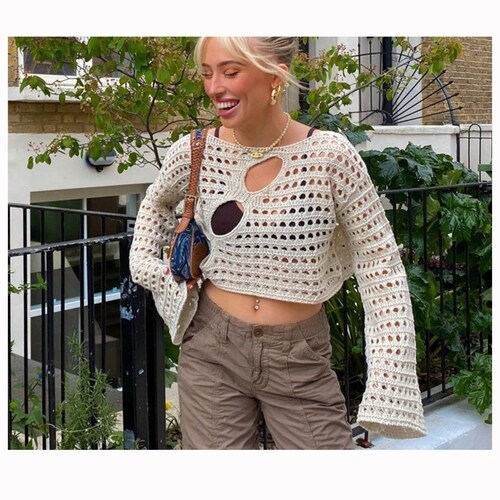 Y2k Distressed Crochet Knit Long Sleeve Crop Top Hollow Out - Etsy UK