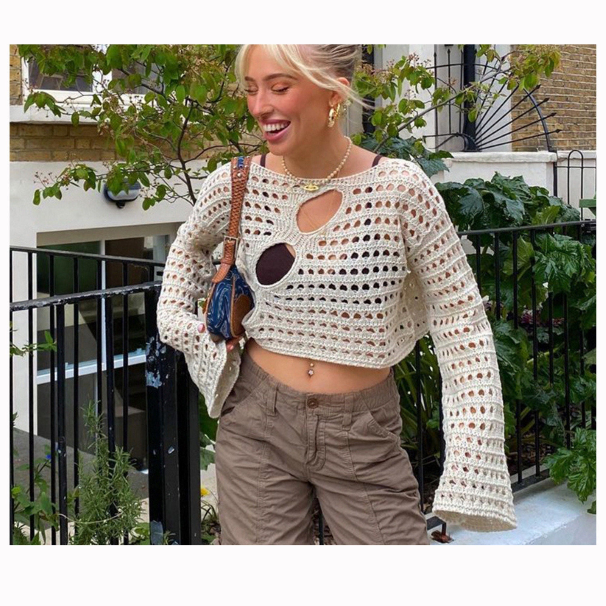 Y2k Distressed Crochet Knit Long Sleeve Crop Top Hollow Out - Etsy
