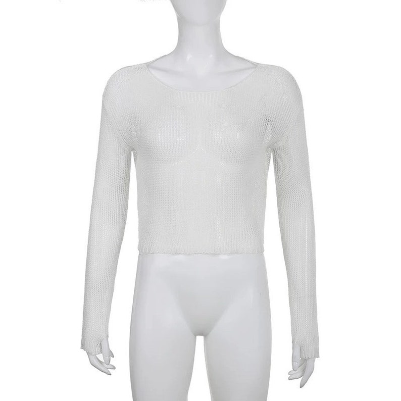 Y2k Distressed Crochet Knit Long Sleeve Crop Top Loose Mesh Etsy UK