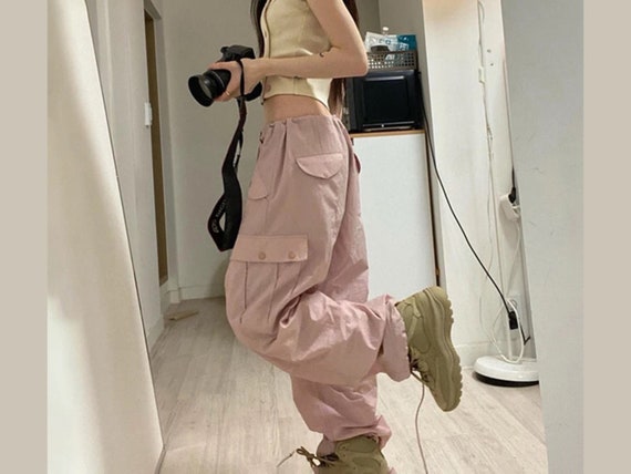 Summer Chic: Pink Low Rise Drawstring Cargo Pants With Pockets - Etsy  Ireland