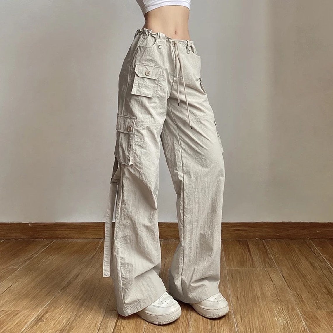 Light Khaki Low Rise Baggy Cargo Pants Y2k Vintage Drawstring - Etsy