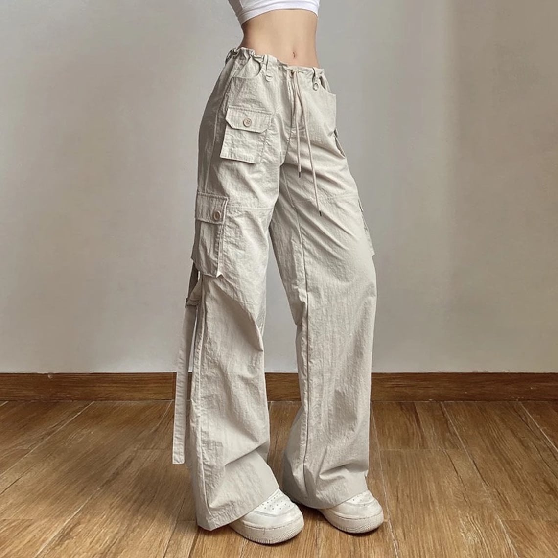 Light Khaki Low Rise Baggy Cargo Pants Y2k Vintage Drawstring Etsy