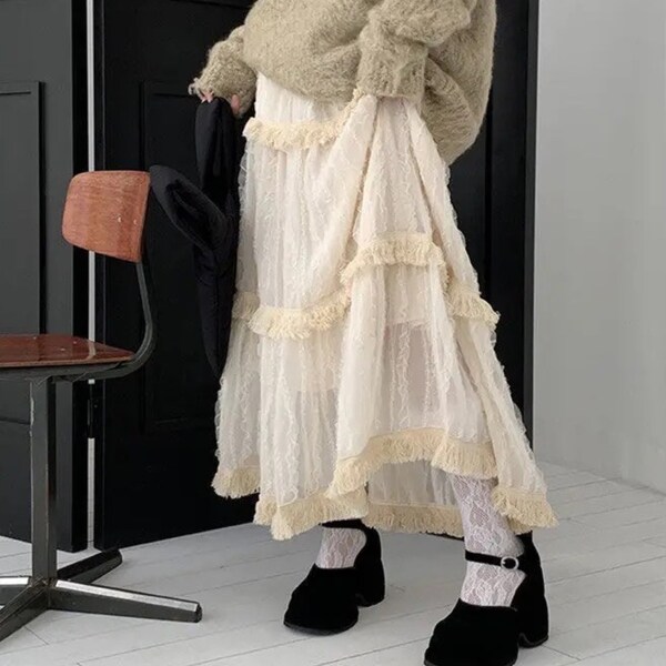 Korean Lace Long Skirt Women Vintage Cute High Waist Loose Fairycore Tassel Patchwork A-Line Midi Skirt Mori Girl Autumn