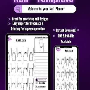 May include: A digital template for practising nail designs. The template features a variety of nail shapes and sizes, as well as a space for a "Design of the Day". The template is available for instant download in PDF and PNG format.