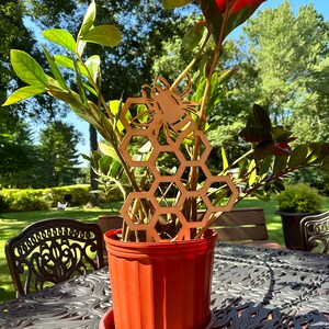 May include: A wooden bee and honeycomb design plant stake in a terracotta pot with a green plant. The pot is sitting on a black metal table with a decorative pattern.