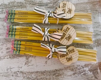 Personalized engraved pencils perfect for school with cute apple tag