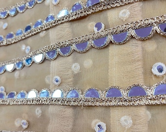 1m Mirror Work Metallic Lace Trim, Half Moon Scallop Mirror Embroidered Border,