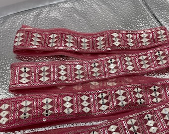 1m Netted sequin mirror and thread embroidered lace, Craft, Saree Duppata border. Sewing Crafting lace. Trim 3.5cm wide